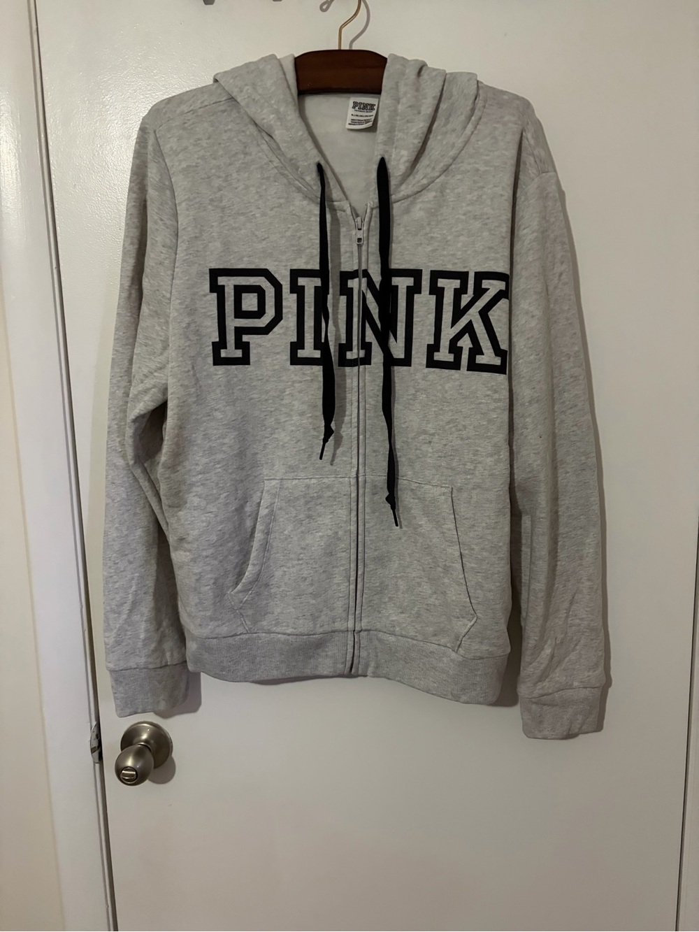 PINK Victoria's Secret Light Gray Zip-Up Hoodie with Black Drawstrings